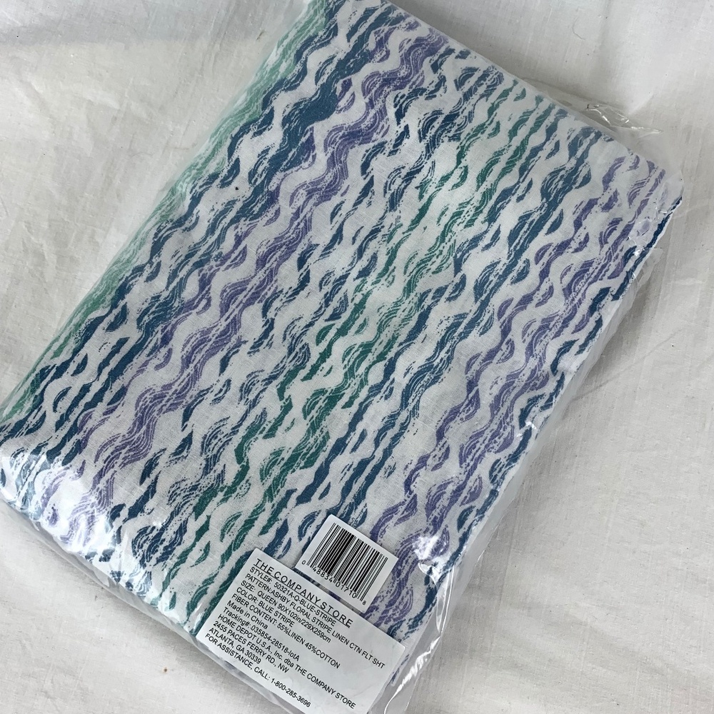 New w Tags Company Store Queen Flat Sheet Cotton Linen Blue Green Wavy Stripes